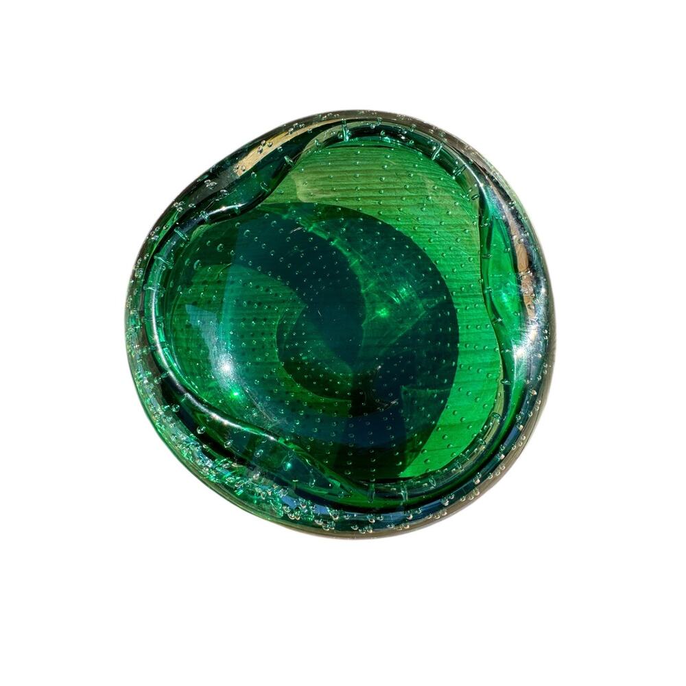 Fine Murano Bullicante Emerald Green Art Glass Ashtray Bowl 5" Seguso Style Mcm